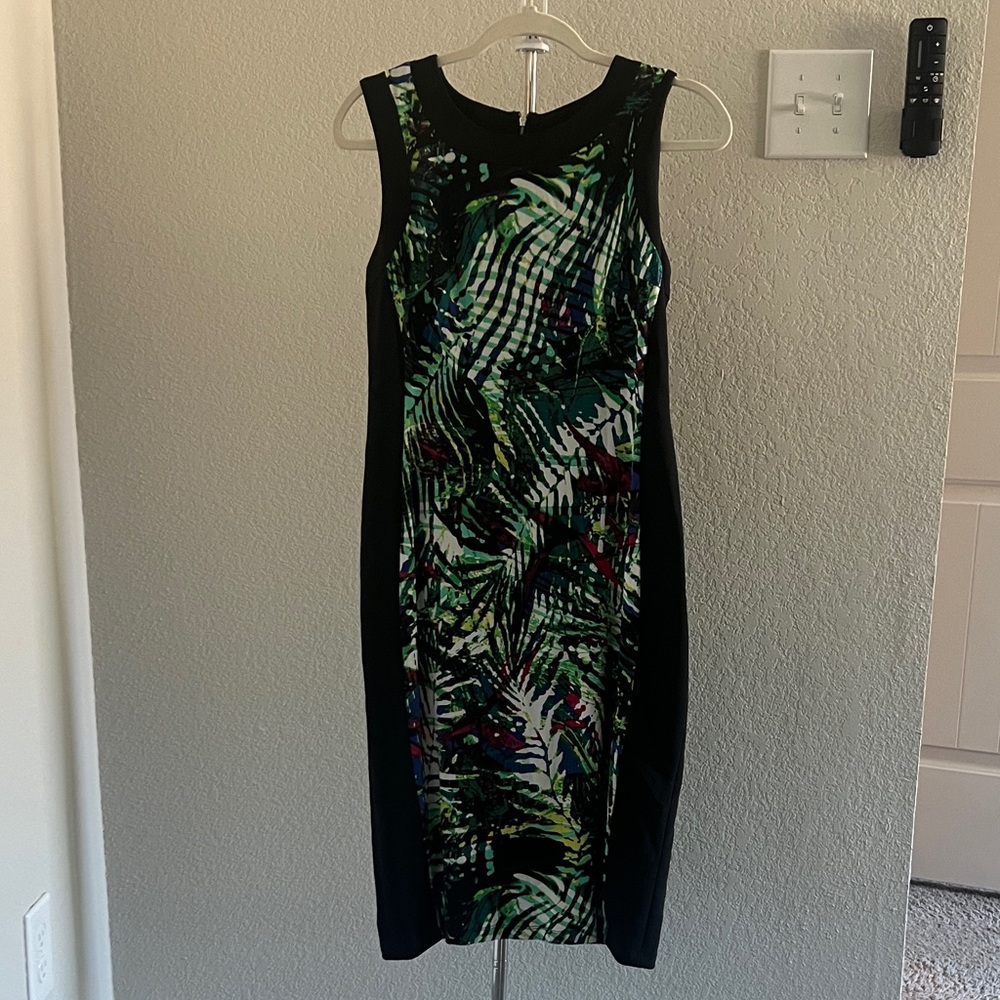 Maggy London Black and Green Tropical Midi Dress